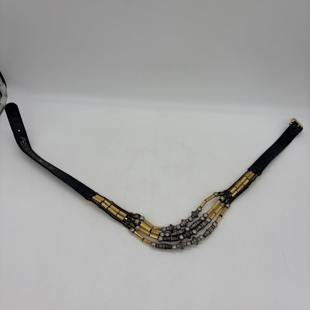 Vintage Avignon Womens M Belt Black Leather Silver & Gold Beading Boho Western - Picture 14 of 16